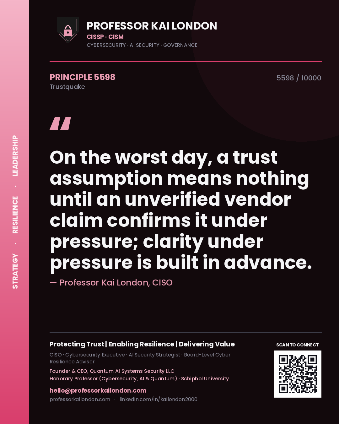 Professor Kai London principle 5598: On the worst day, a trust assumption means nothing until an unverified vendor claim confirms it under pressure; clarity under pressure is built in advance.
