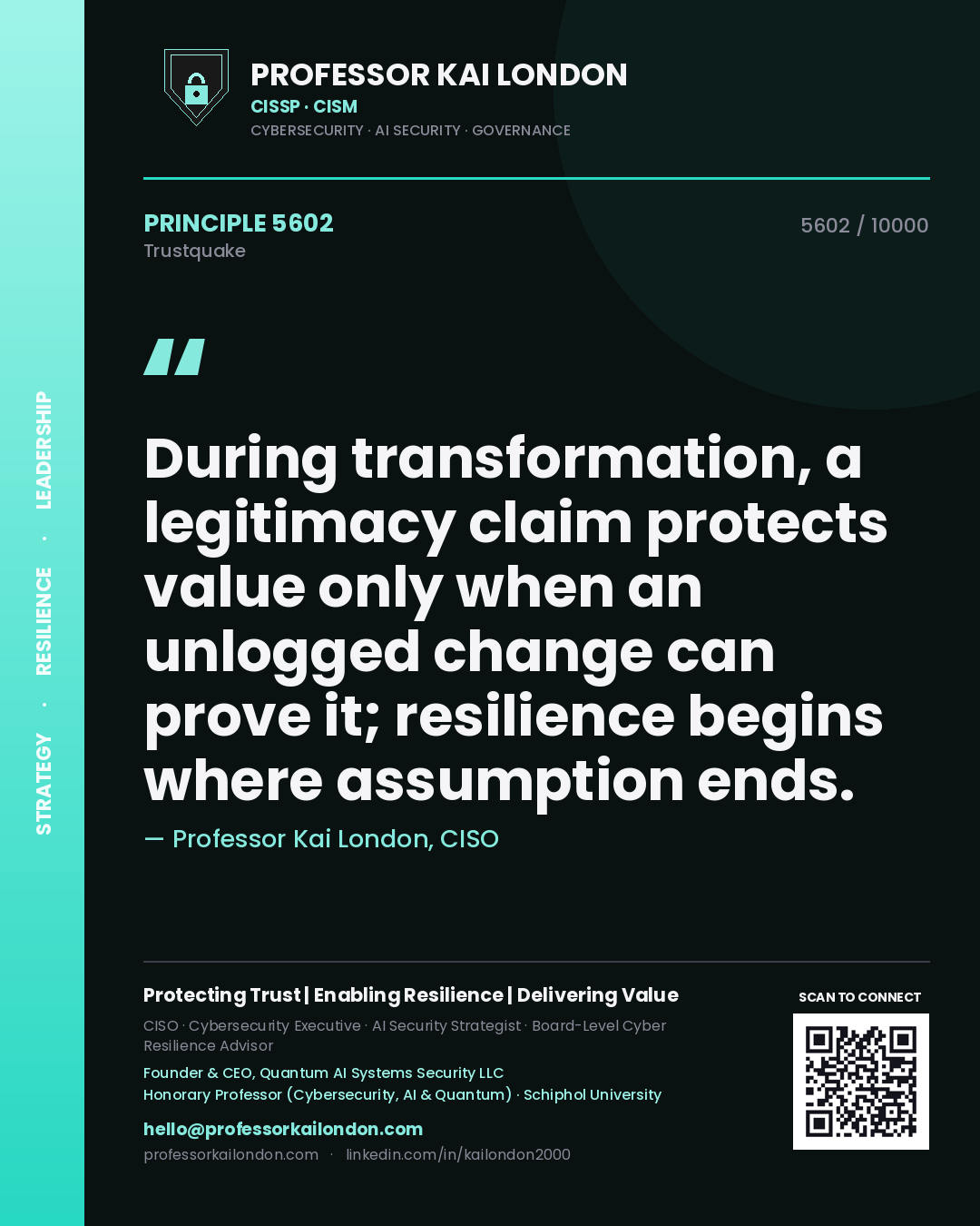 Professor Kai London principle 5602: During transformation, a legitimacy claim protects value only when an unlogged change can prove it; resilience begins where assumption ends.
