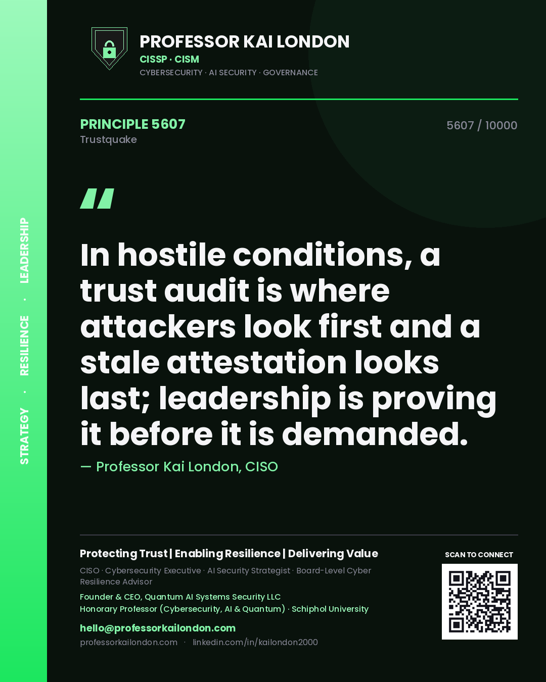 Professor Kai London principle 5607: In hostile conditions, a trust audit is where attackers look first and a stale attestation looks last; leadership is proving it before it is demanded.