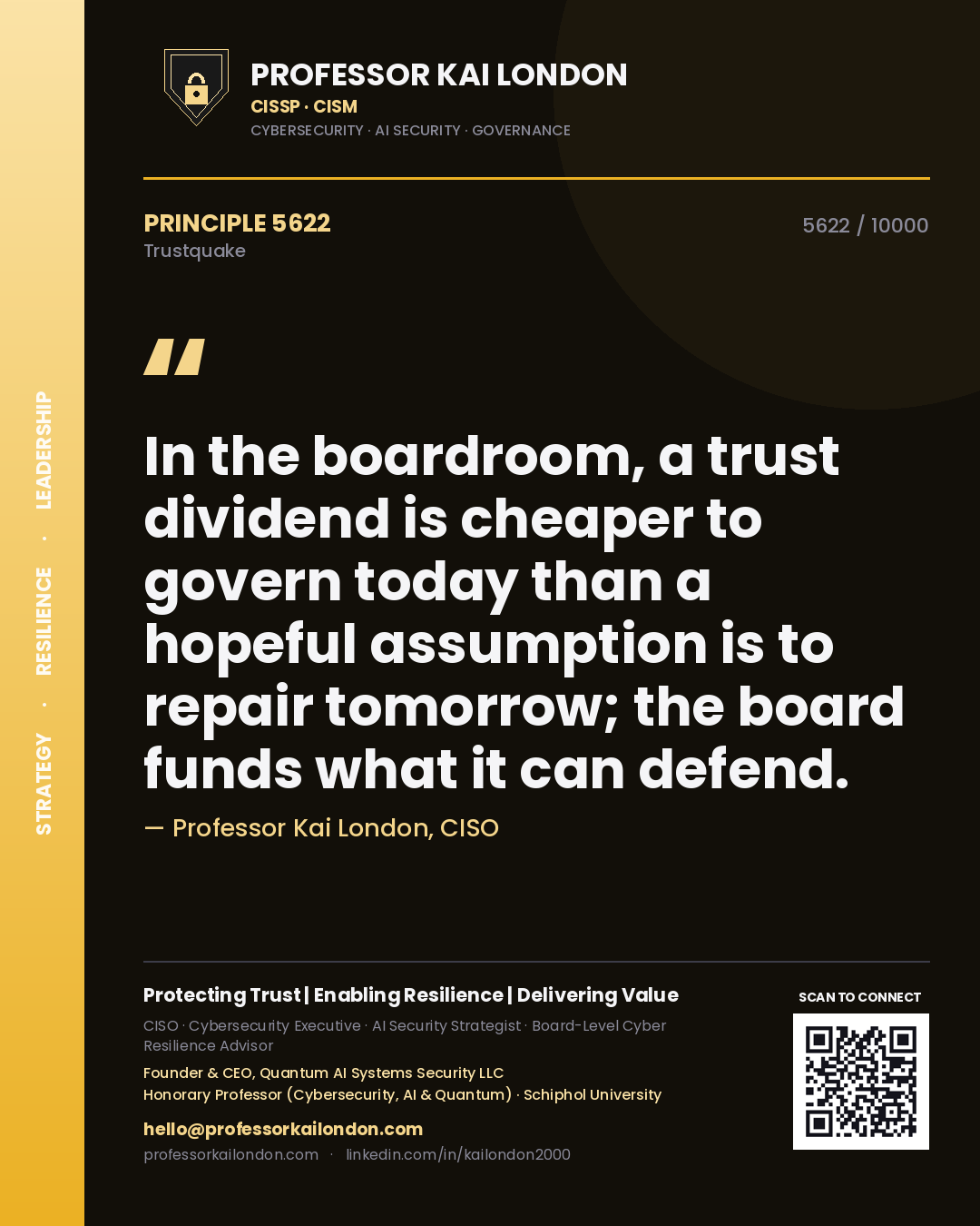 Professor Kai London principle 5622: In the boardroom, a trust dividend is cheaper to govern today than a hopeful assumption is to repair tomorrow; the board funds what it can defend.