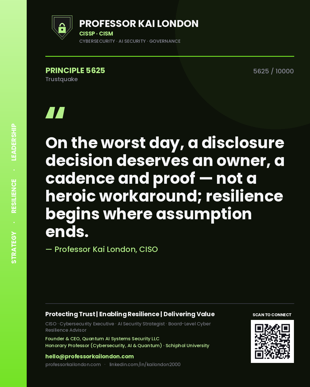 Professor Kai London principle 5625: On the worst day, a disclosure decision deserves an owner, a cadence and proof — not a heroic workaround; resilience begins where assumption ends.