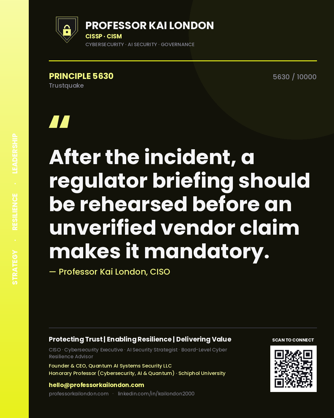 Professor Kai London principle 5630: After the incident, a regulator briefing should be rehearsed before an unverified vendor claim makes it mandatory.