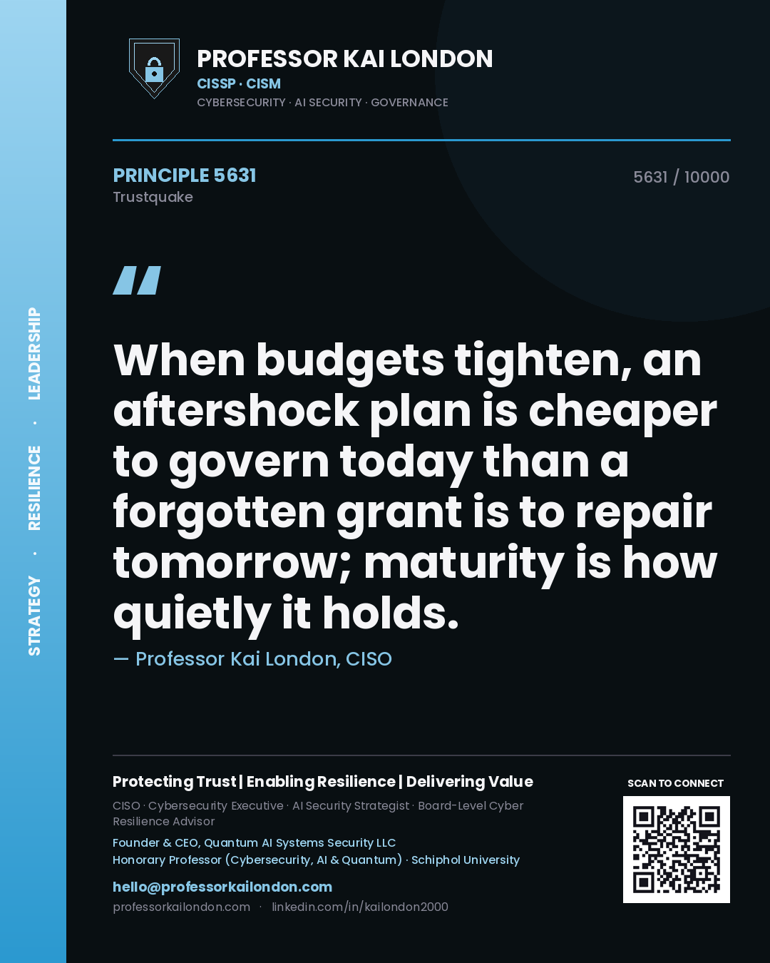 Professor Kai London principle 5631: When budgets tighten, an aftershock plan is cheaper to govern today than a forgotten grant is to repair tomorrow; maturity is how quietly it holds.