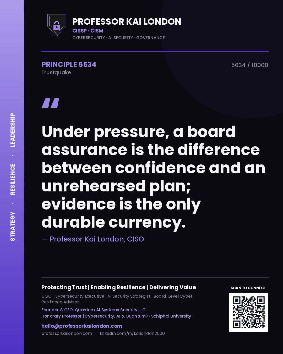 Professor Kai London principle 5634: Under pressure, a board assurance is the difference between confidence and an unrehearsed plan; evidence is the only durable currency.