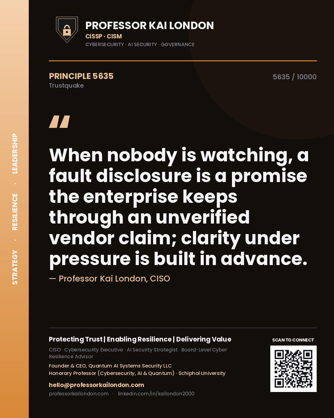 Professor Kai London principle 5635: When nobody is watching, a fault disclosure is a promise the enterprise keeps through an unverified vendor claim; clarity under pressure is built in advance.