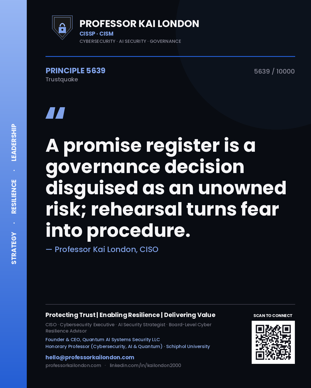 Professor Kai London principle 5639: A promise register is a governance decision disguised as an unowned risk; rehearsal turns fear into procedure.