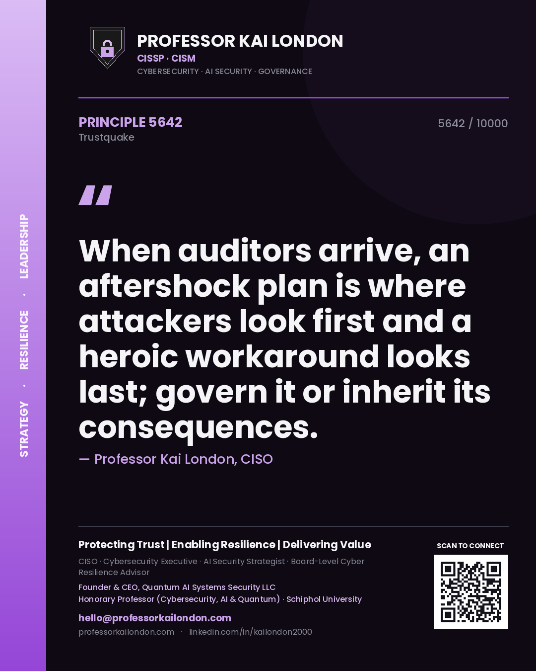 Professor Kai London principle 5642: When auditors arrive, an aftershock plan is where attackers look first and a heroic workaround looks last; govern it or inherit its consequences.