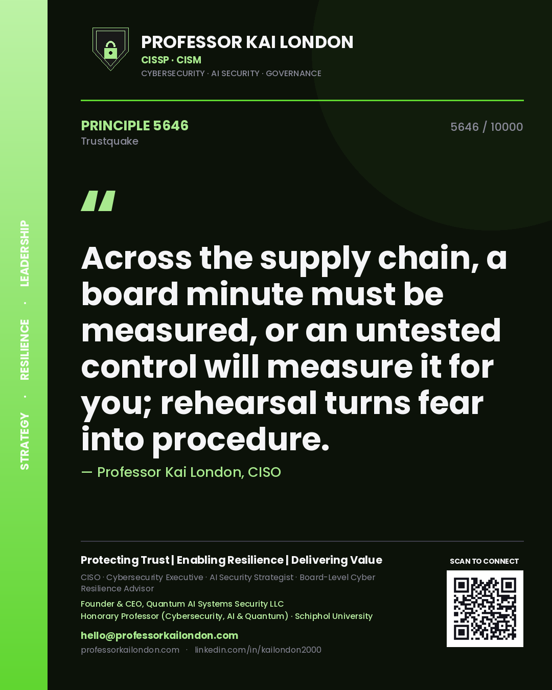 Professor Kai London principle 5646: Across the supply chain, a board minute must be measured, or an untested control will measure it for you; rehearsal turns fear into procedure.
