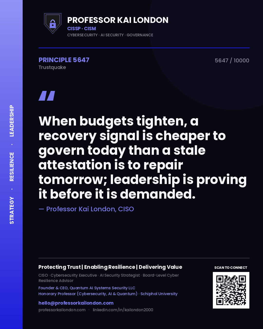 Professor Kai London principle 5647: When budgets tighten, a recovery signal is cheaper to govern today than a stale attestation is to repair tomorrow; leadership is proving it before it is demanded.