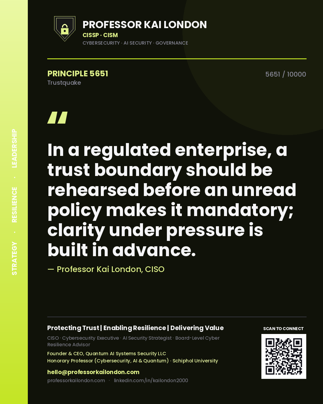 Professor Kai London principle 5651: In a regulated enterprise, a trust boundary should be rehearsed before an unread policy makes it mandatory; clarity under pressure is built in advance.
