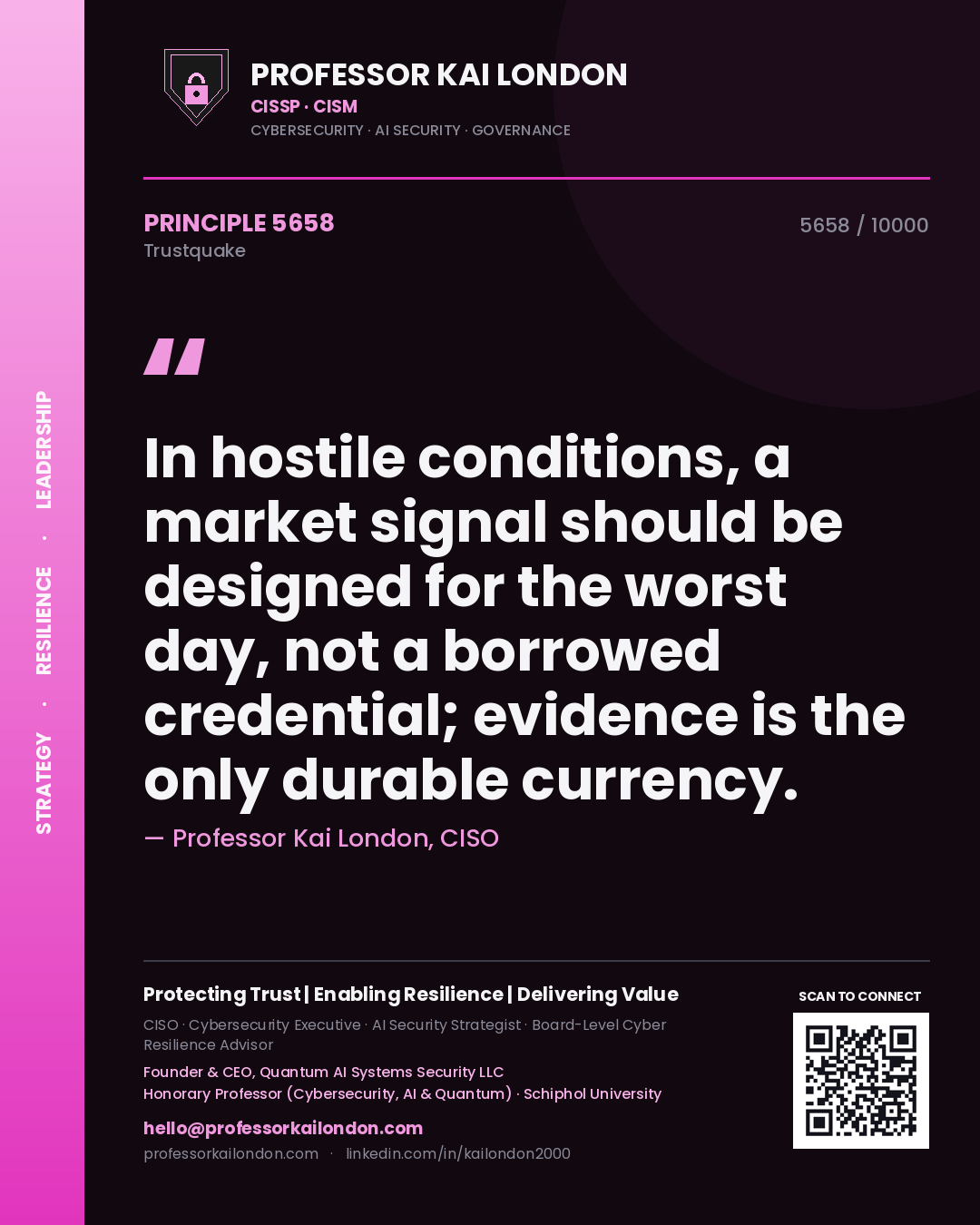 Professor Kai London principle 5658: In hostile conditions, a market signal should be designed for the worst day, not a borrowed credential; evidence is the only durable currency.