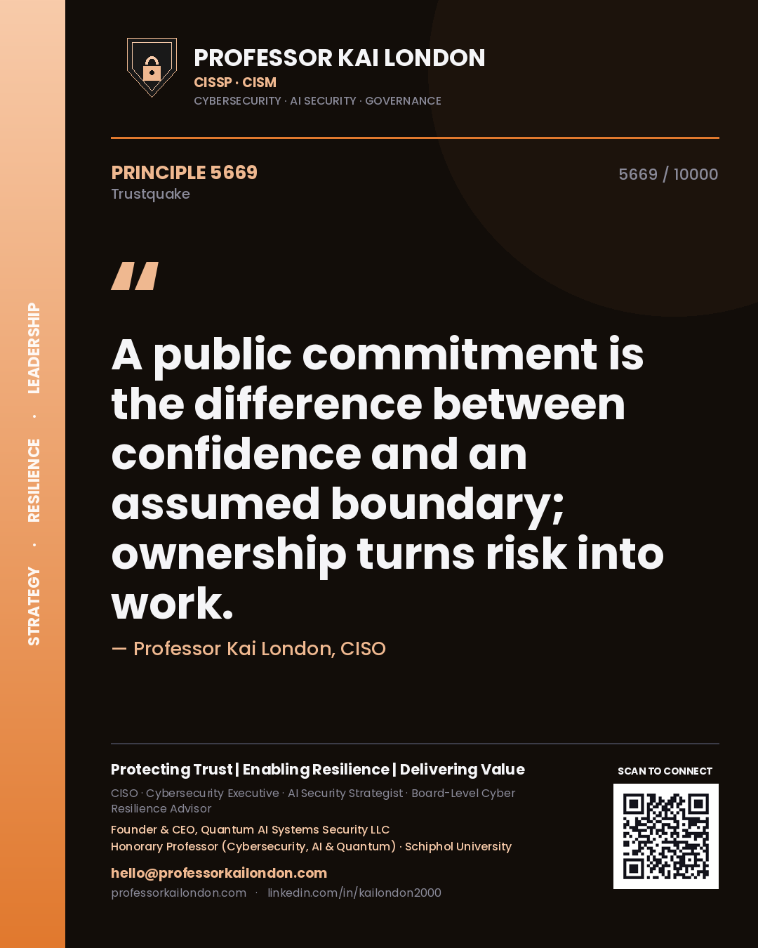 Professor Kai London principle 5669: A public commitment is the difference between confidence and an assumed boundary; ownership turns risk into work.