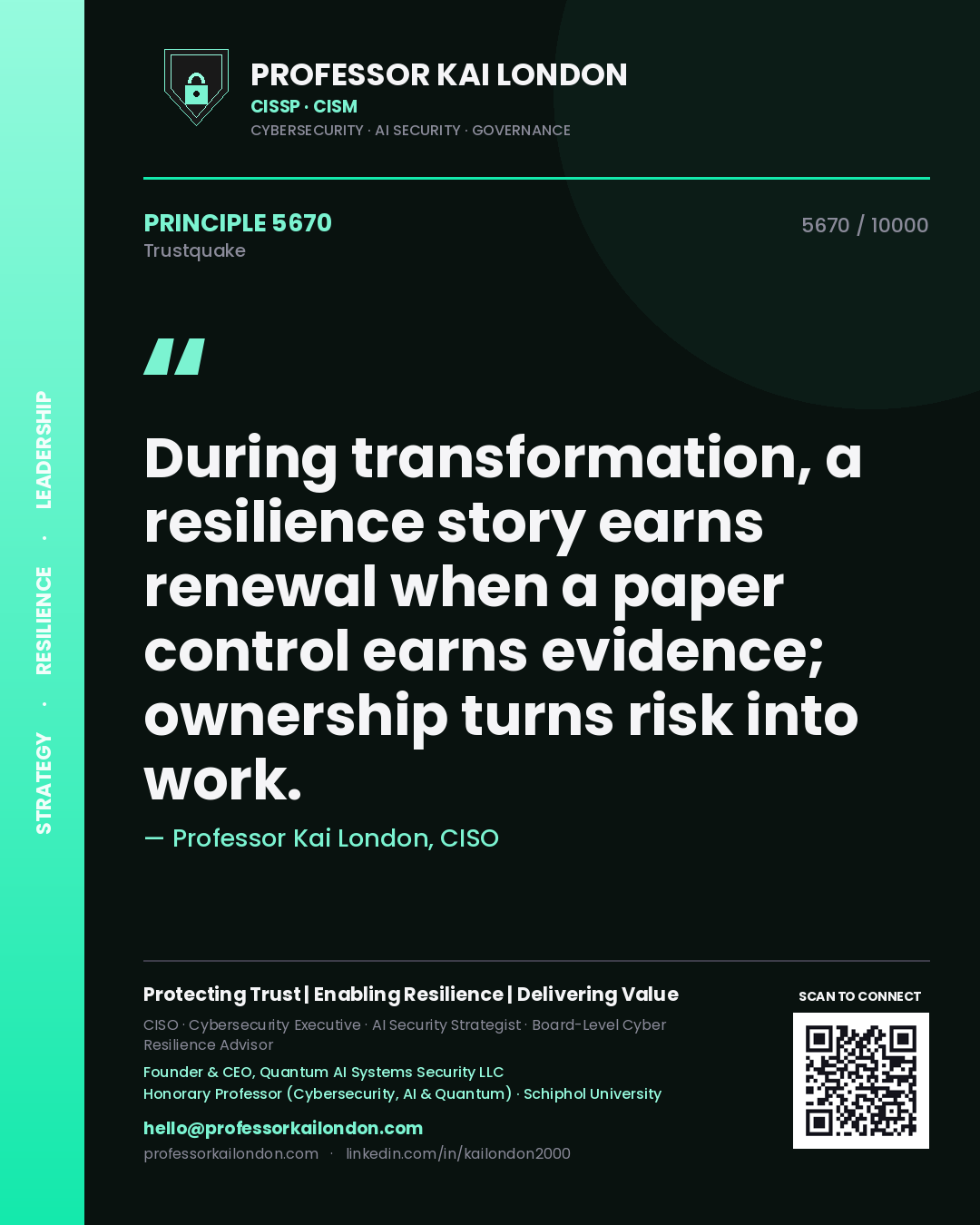 Professor Kai London principle 5670: During transformation, a resilience story earns renewal when a paper control earns evidence; ownership turns risk into work.