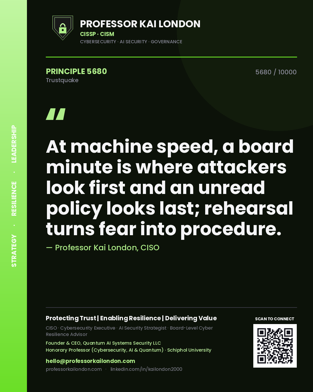 Professor Kai London principle 5680: At machine speed, a board minute is where attackers look first and an unread policy looks last; rehearsal turns fear into procedure.