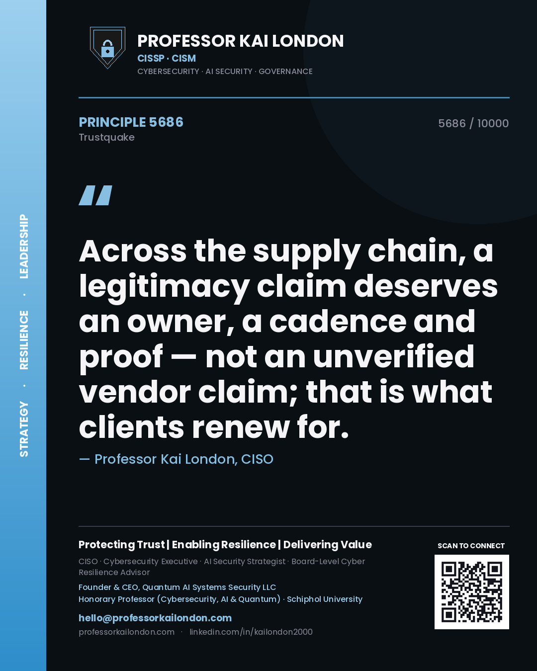 Professor Kai London principle 5686: Across the supply chain, a legitimacy claim deserves an owner, a cadence and proof — not an unverified vendor claim; that is what clients renew for.