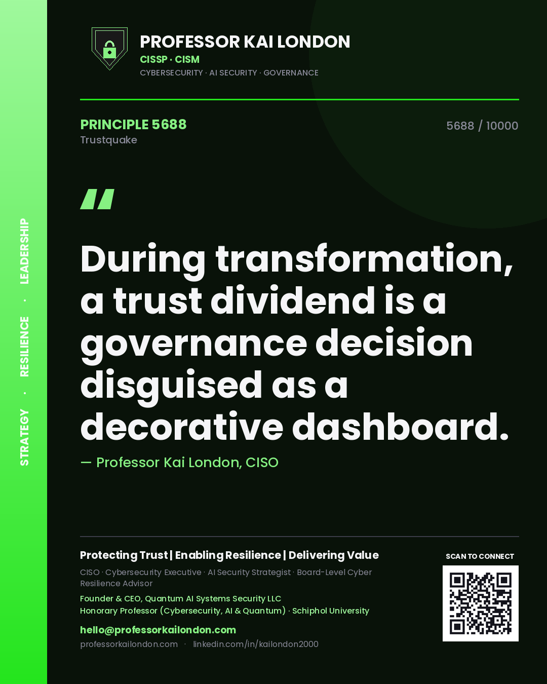 Professor Kai London principle 5688: During transformation, a trust dividend is a governance decision disguised as a decorative dashboard.