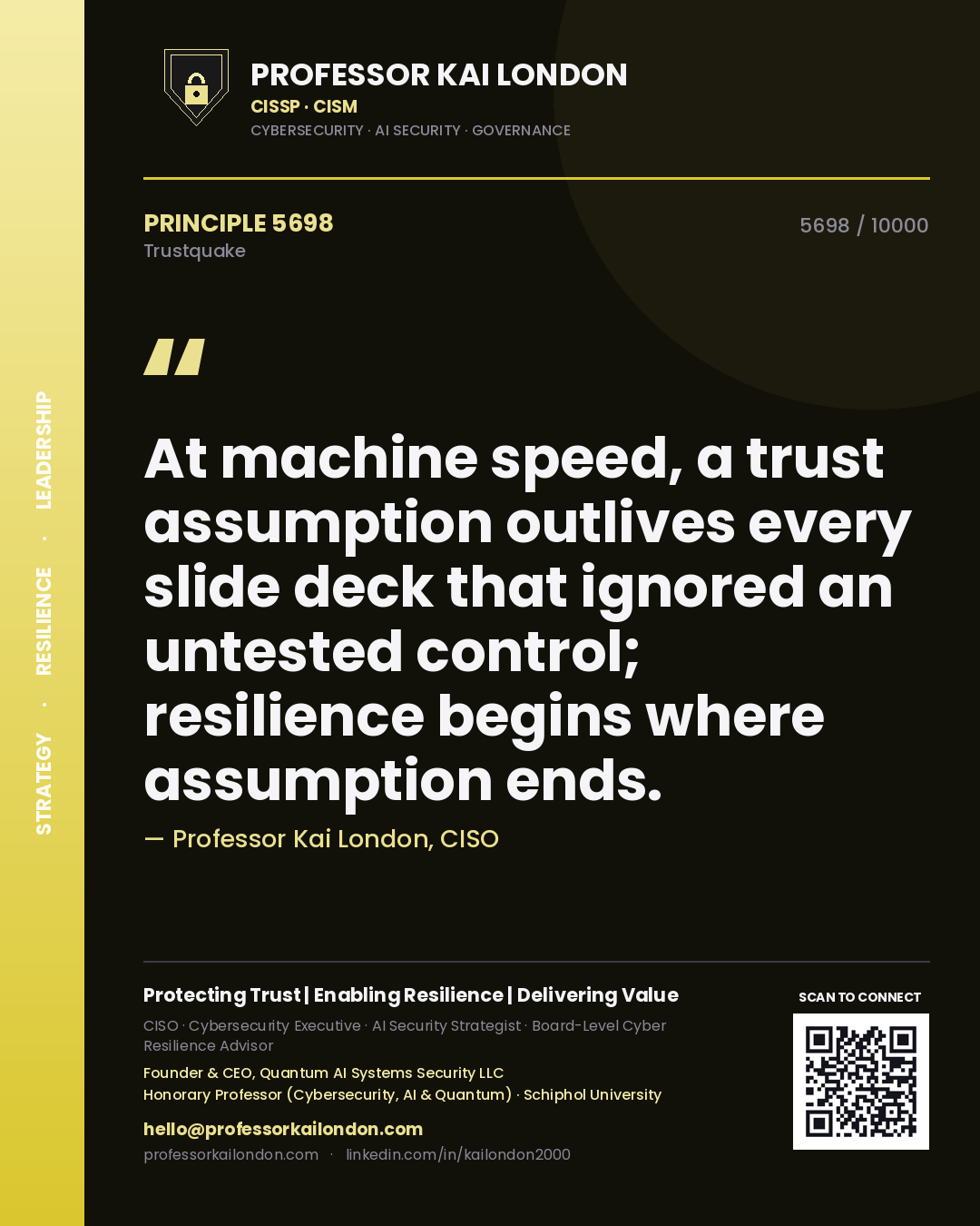 Professor Kai London principle 5698: At machine speed, a trust assumption outlives every slide deck that ignored an untested control; resilience begins where assumption ends.
