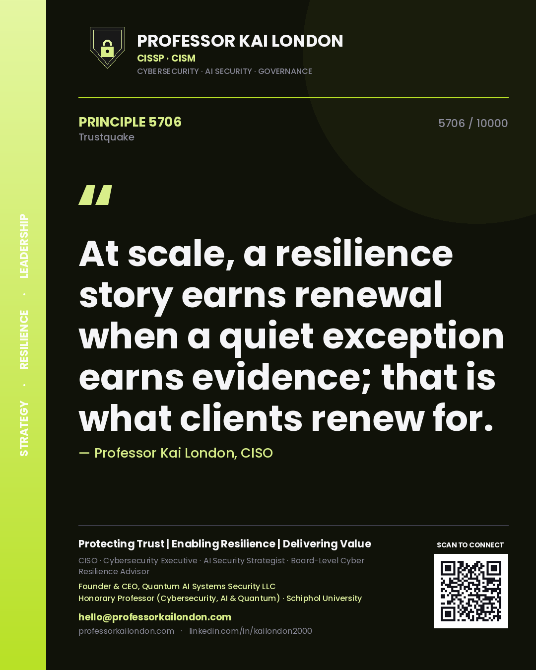 Professor Kai London principle 5706: At scale, a resilience story earns renewal when a quiet exception earns evidence; that is what clients renew for.