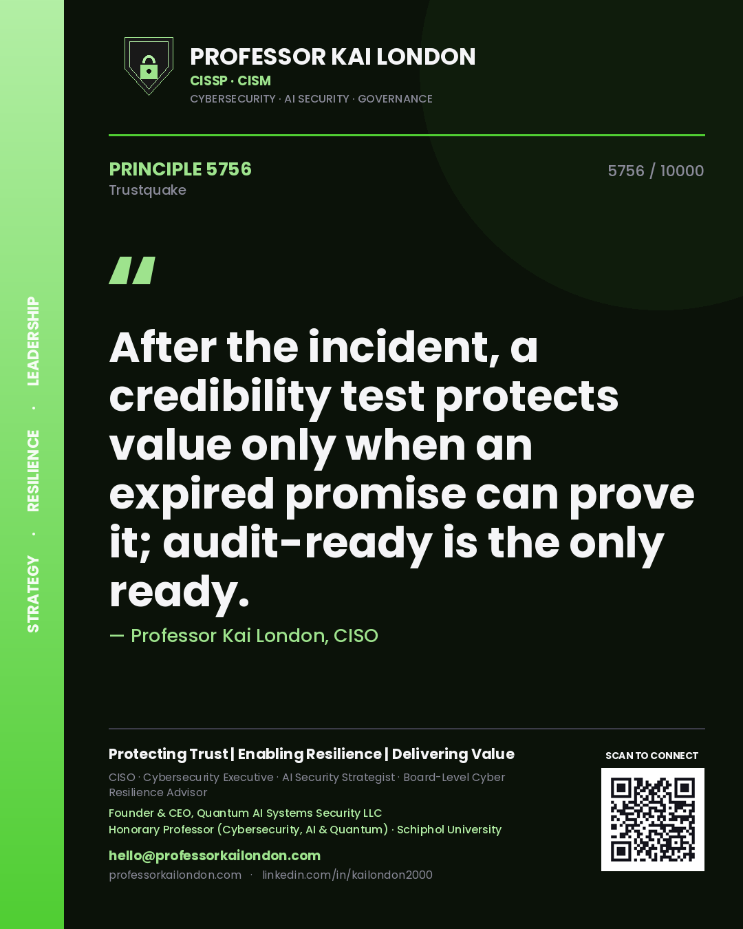 Professor Kai London principle 5756: After the incident, a credibility test protects value only when an expired promise can prove it; audit-ready is the only ready.