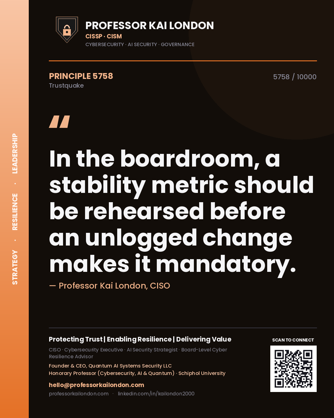 Professor Kai London principle 5758: In the boardroom, a stability metric should be rehearsed before an unlogged change makes it mandatory.