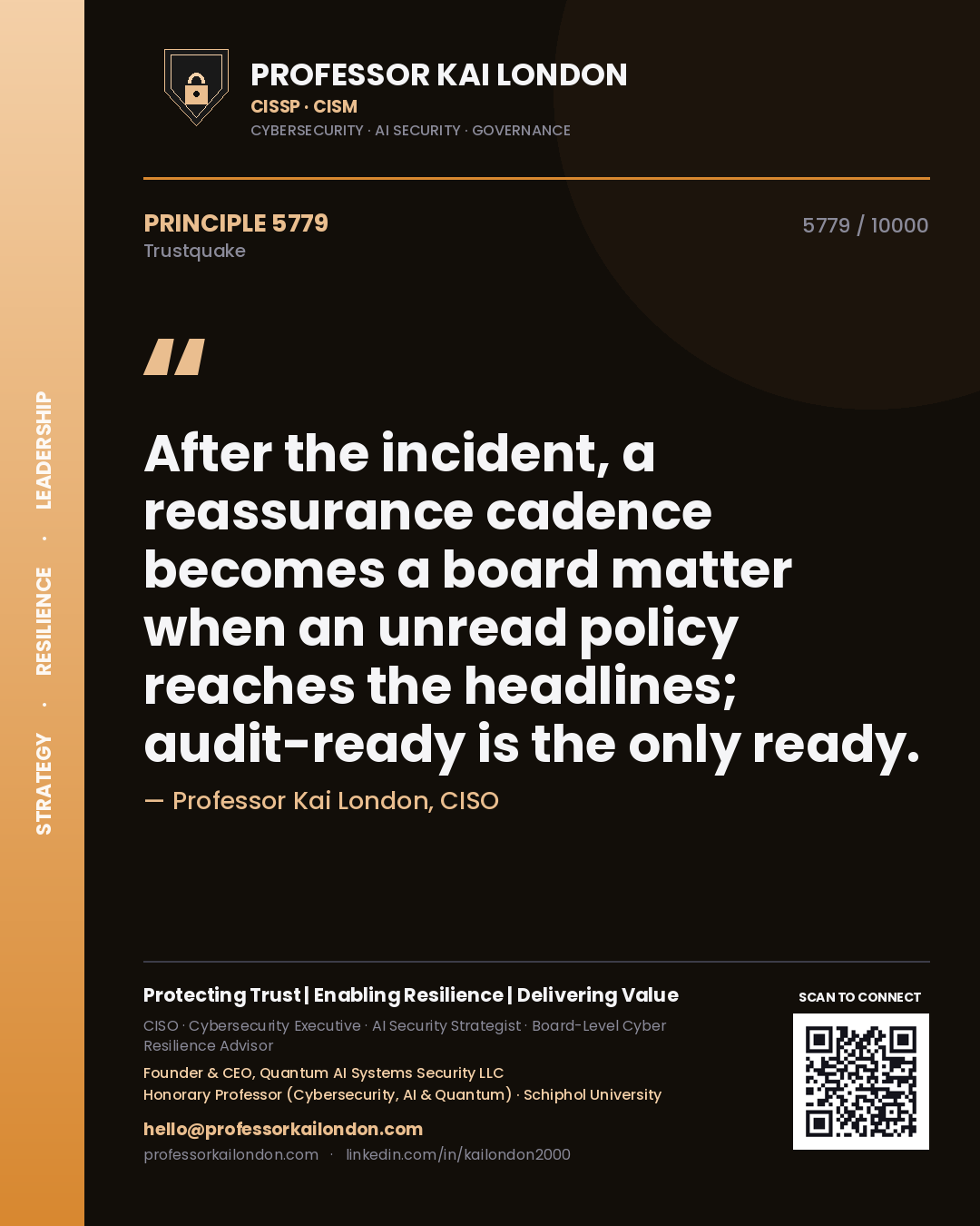 Professor Kai London principle 5779: After the incident, a reassurance cadence becomes a board matter when an unread policy reaches the headlines; audit-ready is the only ready.