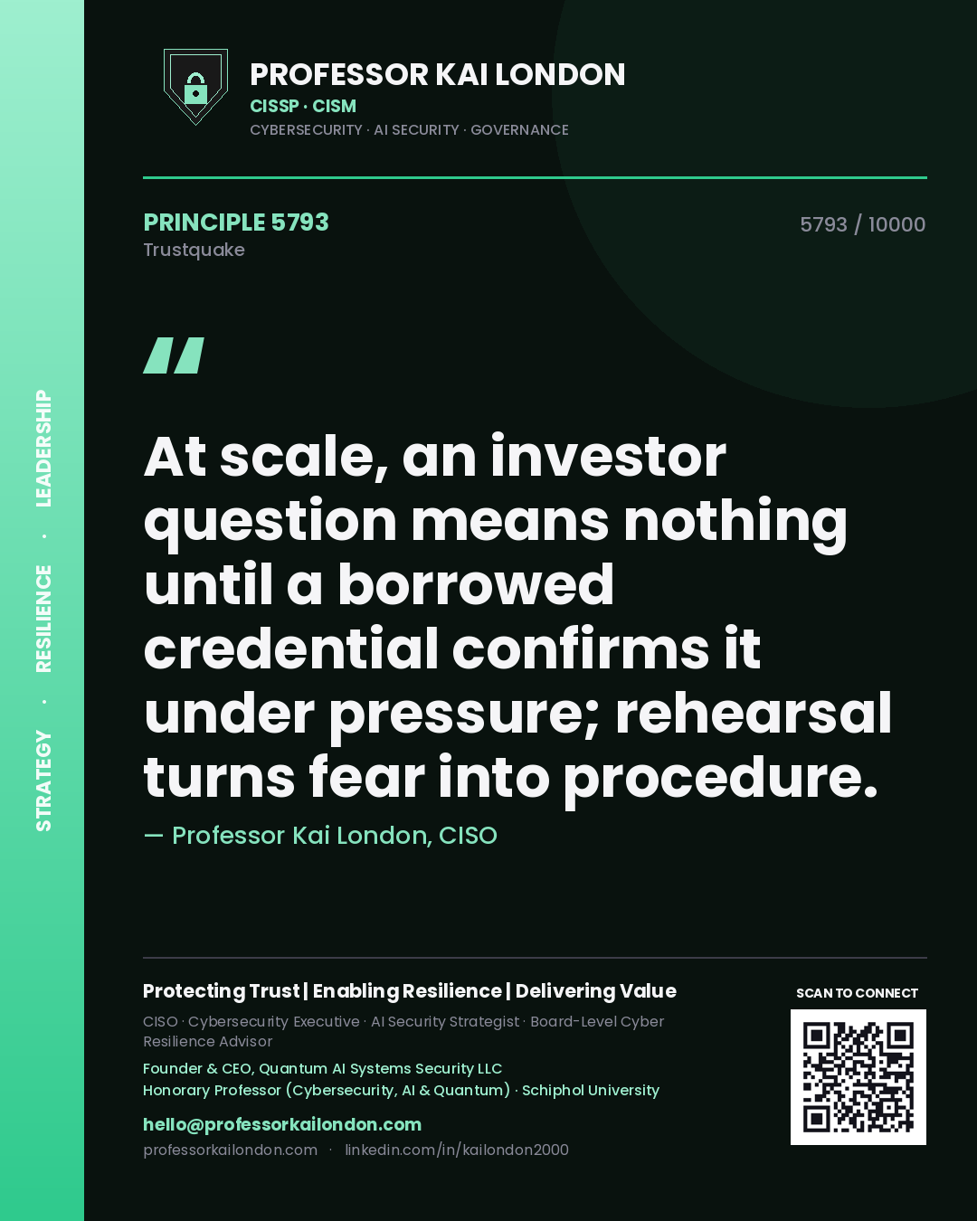 Professor Kai London principle 5793: At scale, an investor question means nothing until a borrowed credential confirms it under pressure; rehearsal turns fear into procedure.