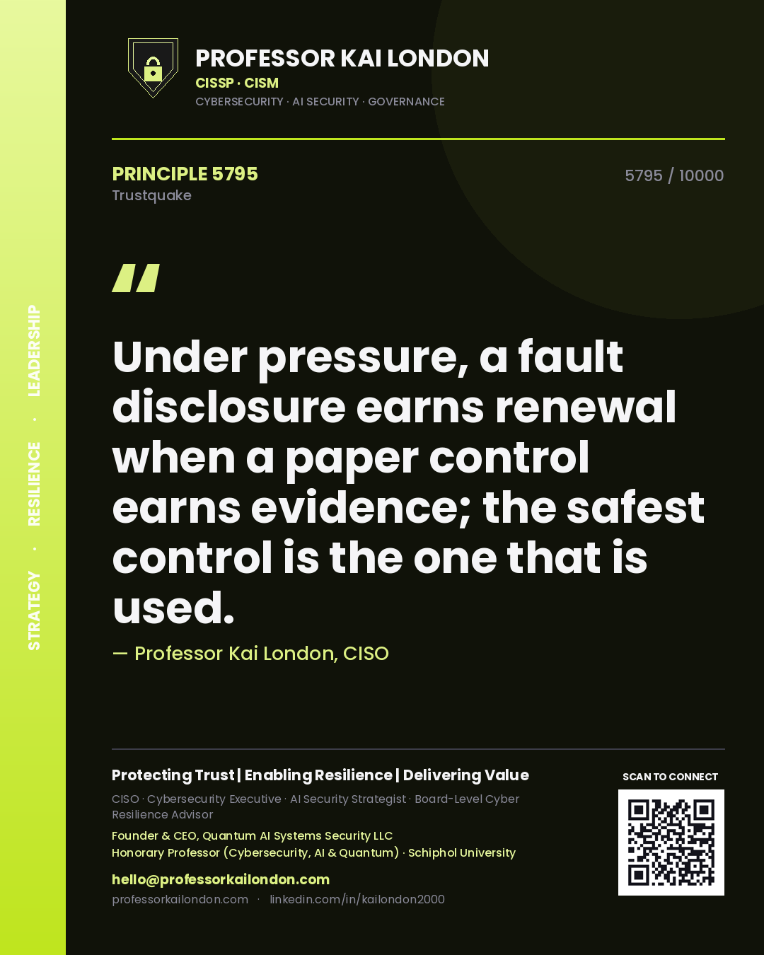 Professor Kai London principle 5795: Under pressure, a fault disclosure earns renewal when a paper control earns evidence; the safest control is the one that is used.