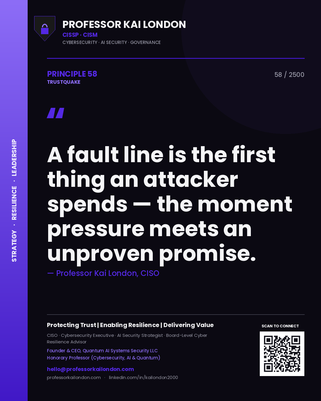 Professor Kai London principle 58: A fault line is the first thing an attacker spends — the moment pressure meets an unproven promise.