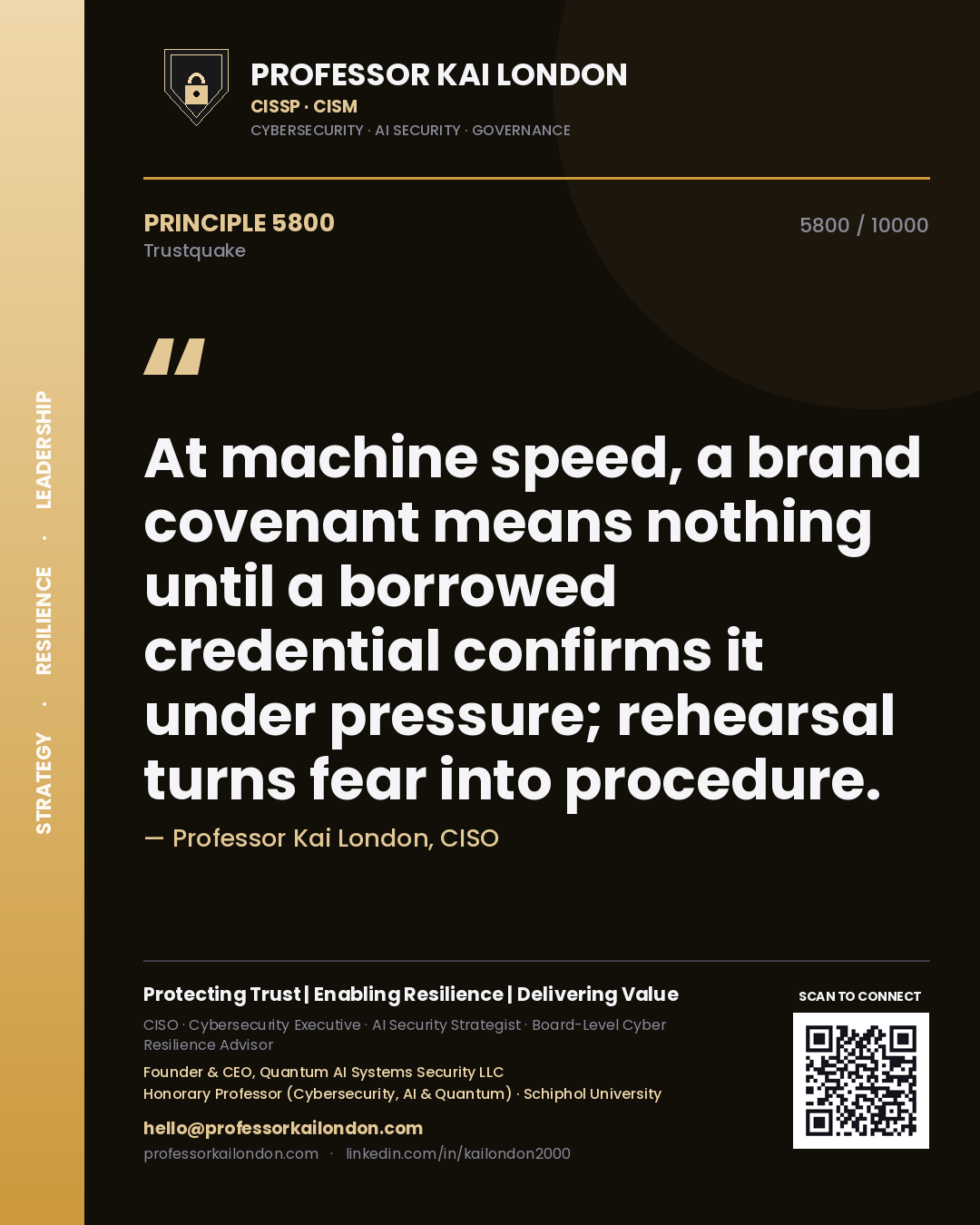 Professor Kai London principle 5800: At machine speed, a brand covenant means nothing until a borrowed credential confirms it under pressure; rehearsal turns fear into procedure.