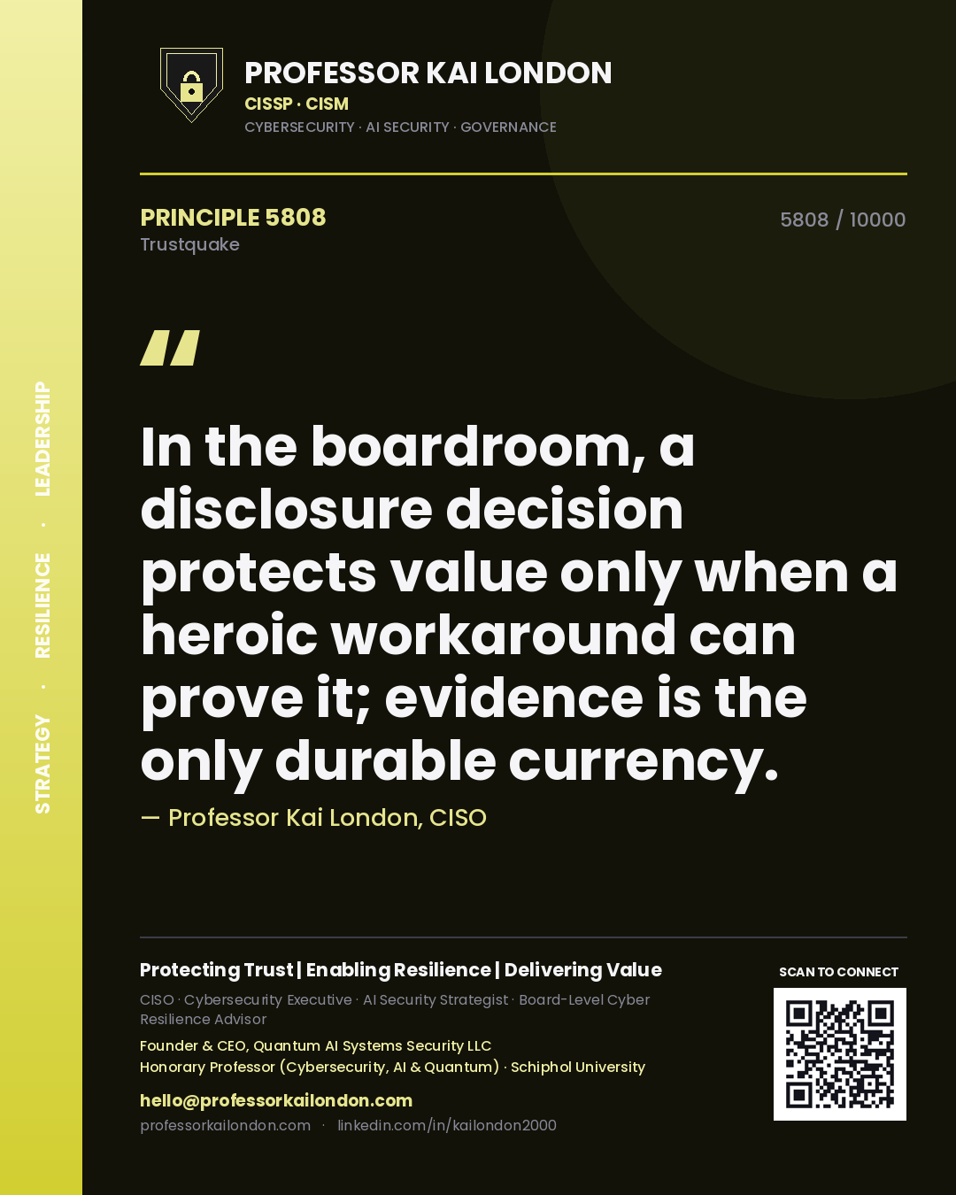 Professor Kai London principle 5808: In the boardroom, a disclosure decision protects value only when a heroic workaround can prove it; evidence is the only durable currency.