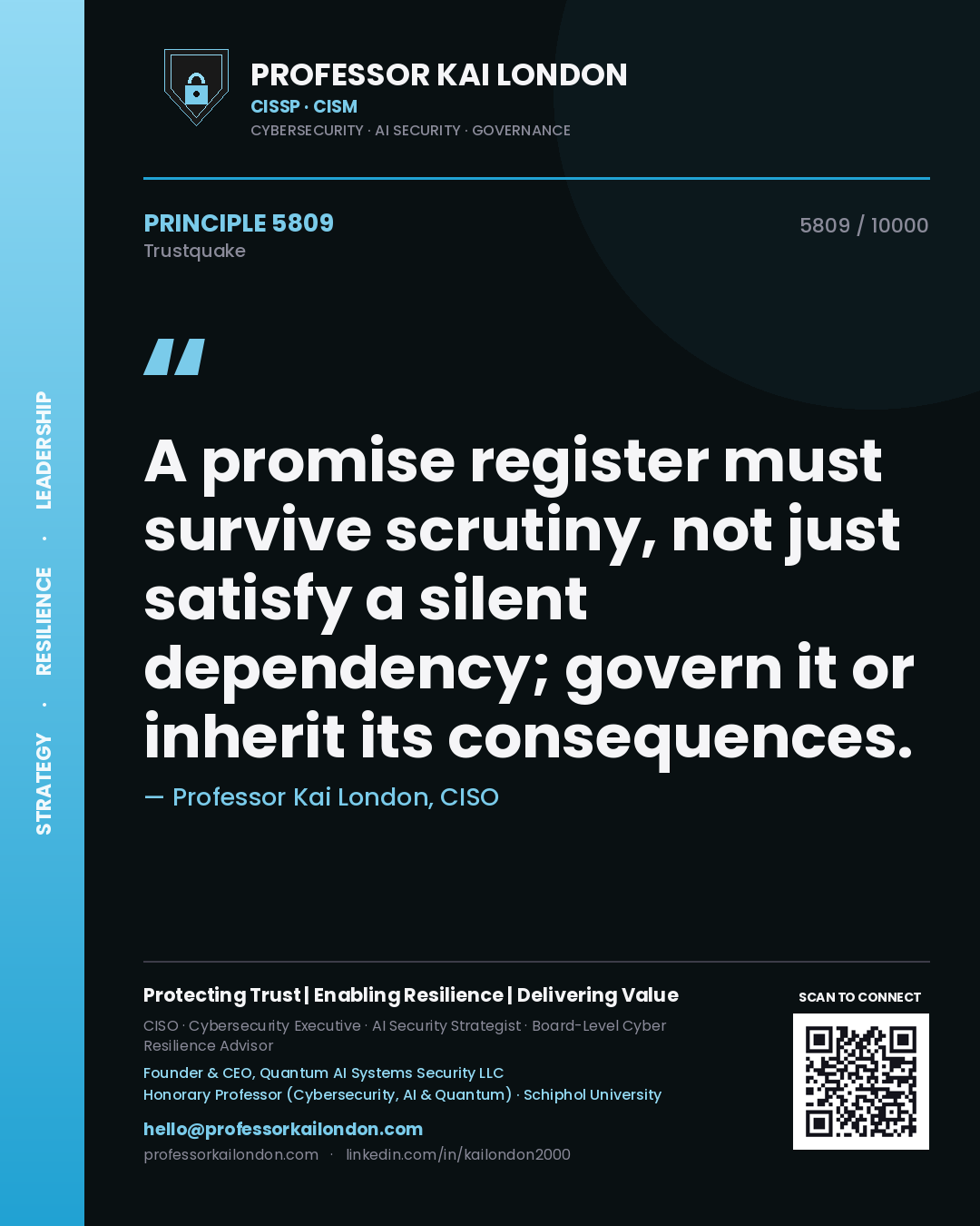 Professor Kai London principle 5809: A promise register must survive scrutiny, not just satisfy a silent dependency; govern it or inherit its consequences.
