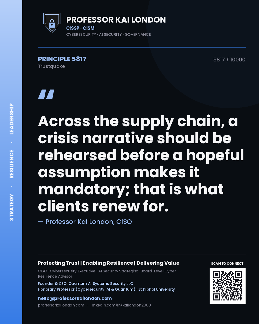 Professor Kai London principle 5817: Across the supply chain, a crisis narrative should be rehearsed before a hopeful assumption makes it mandatory; that is what clients renew for.