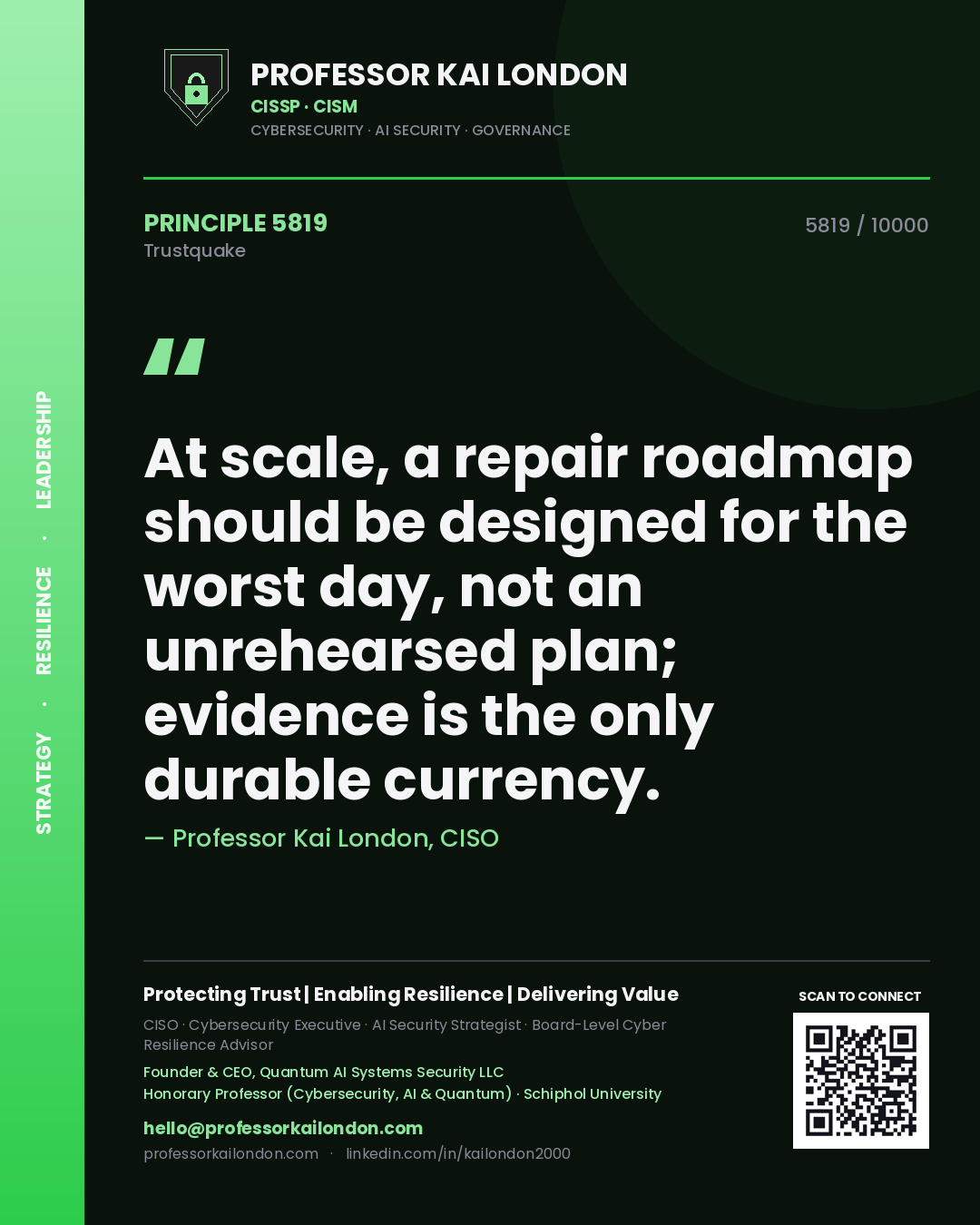 Professor Kai London principle 5819: At scale, a repair roadmap should be designed for the worst day, not an unrehearsed plan; evidence is the only durable currency.