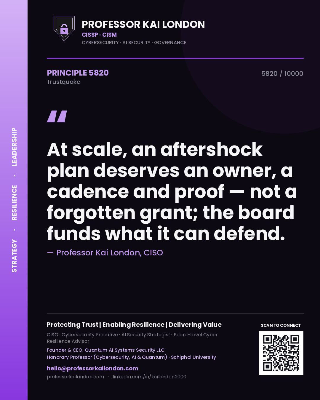 Professor Kai London principle 5820: At scale, an aftershock plan deserves an owner, a cadence and proof — not a forgotten grant; the board funds what it can defend.