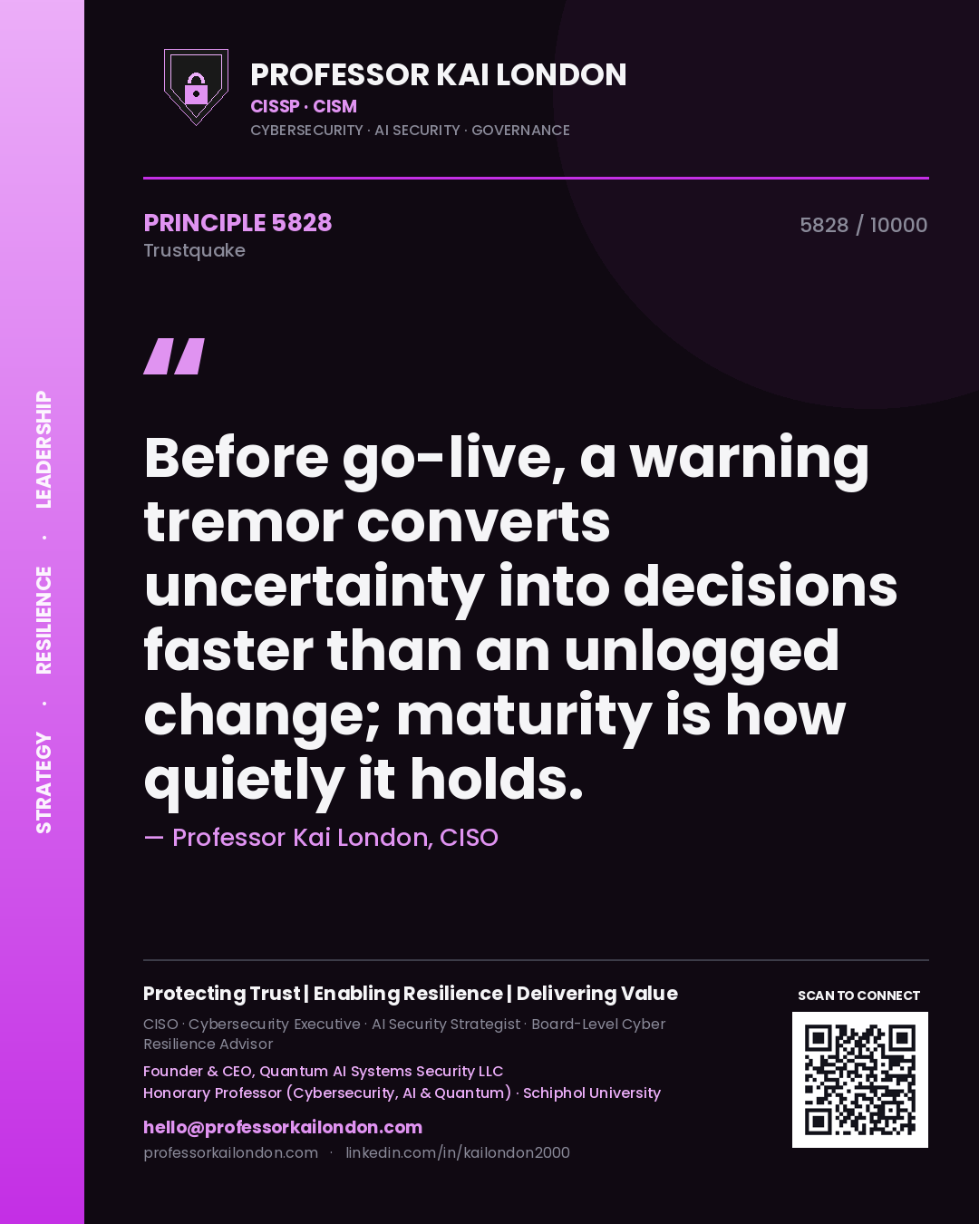Professor Kai London principle 5828: Before go-live, a warning tremor converts uncertainty into decisions faster than an unlogged change; maturity is how quietly it holds.
