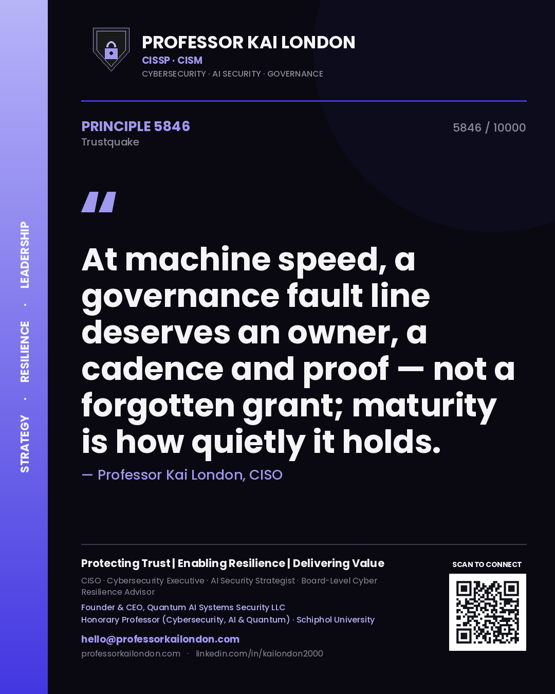 Professor Kai London principle 5846: At machine speed, a governance fault line deserves an owner, a cadence and proof — not a forgotten grant; maturity is how quietly it holds.