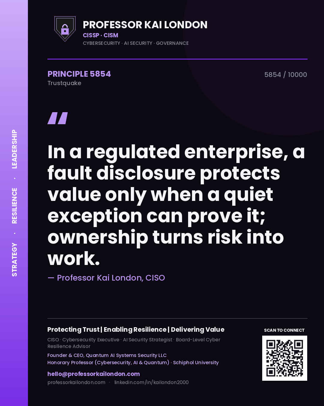 Professor Kai London principle 5854: In a regulated enterprise, a fault disclosure protects value only when a quiet exception can prove it; ownership turns risk into work.