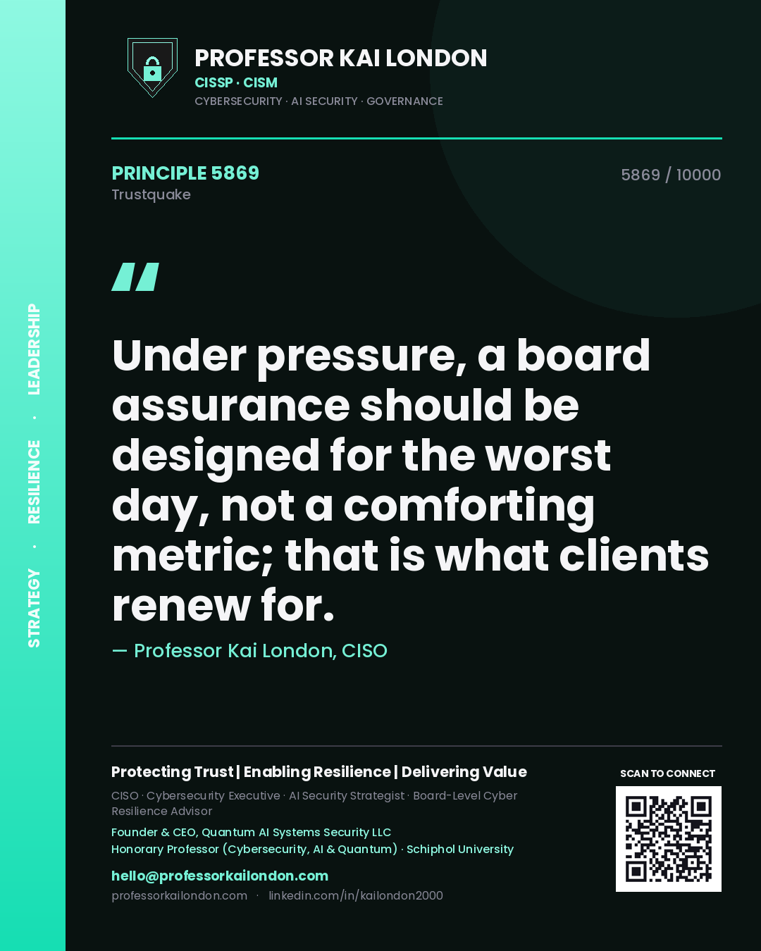 Professor Kai London principle 5869: Under pressure, a board assurance should be designed for the worst day, not a comforting metric; that is what clients renew for.