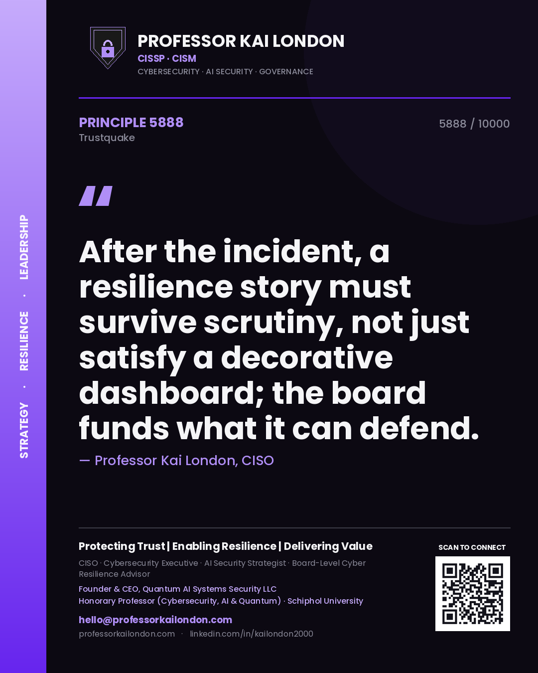 Professor Kai London principle 5888: After the incident, a resilience story must survive scrutiny, not just satisfy a decorative dashboard; the board funds what it can defend.