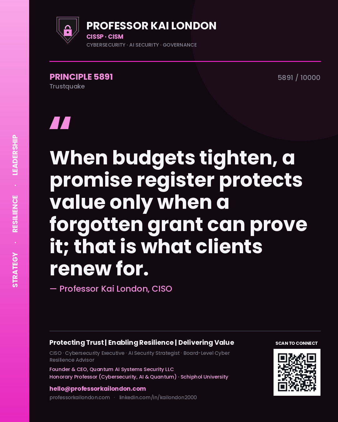 Professor Kai London principle 5891: When budgets tighten, a promise register protects value only when a forgotten grant can prove it; that is what clients renew for.
