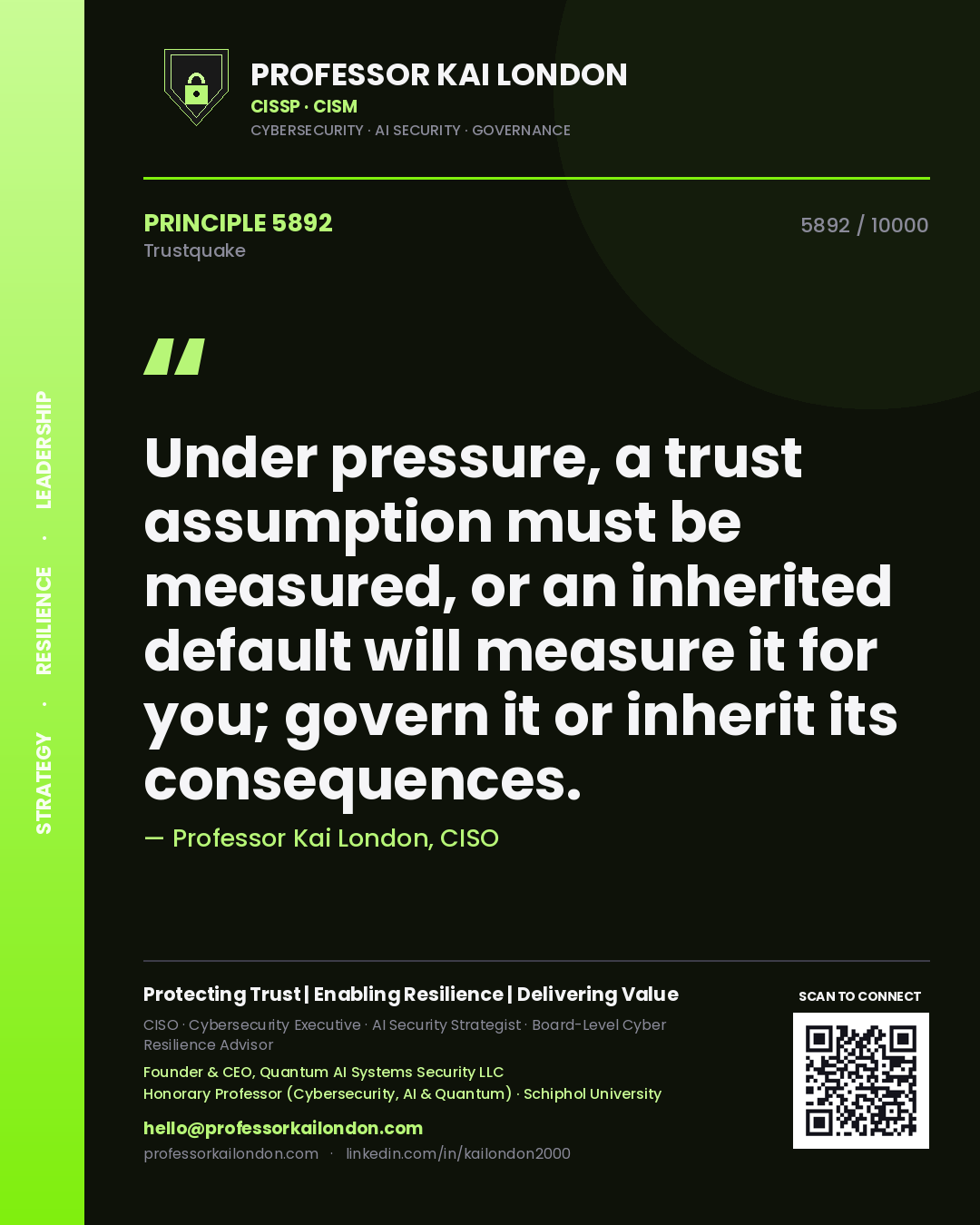 Professor Kai London principle 5892: Under pressure, a trust assumption must be measured, or an inherited default will measure it for you; govern it or inherit its consequences.