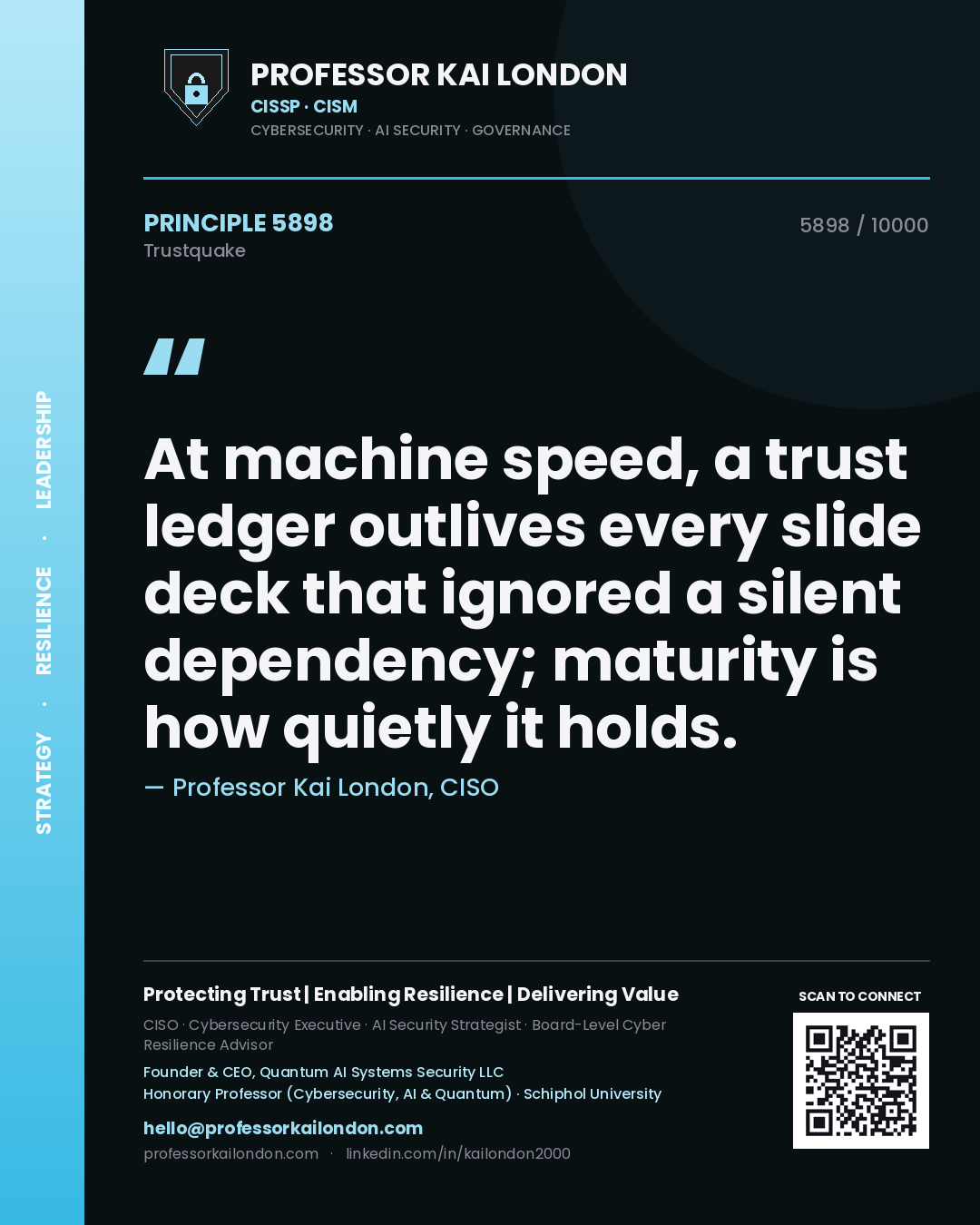 Professor Kai London principle 5898: At machine speed, a trust ledger outlives every slide deck that ignored a silent dependency; maturity is how quietly it holds.