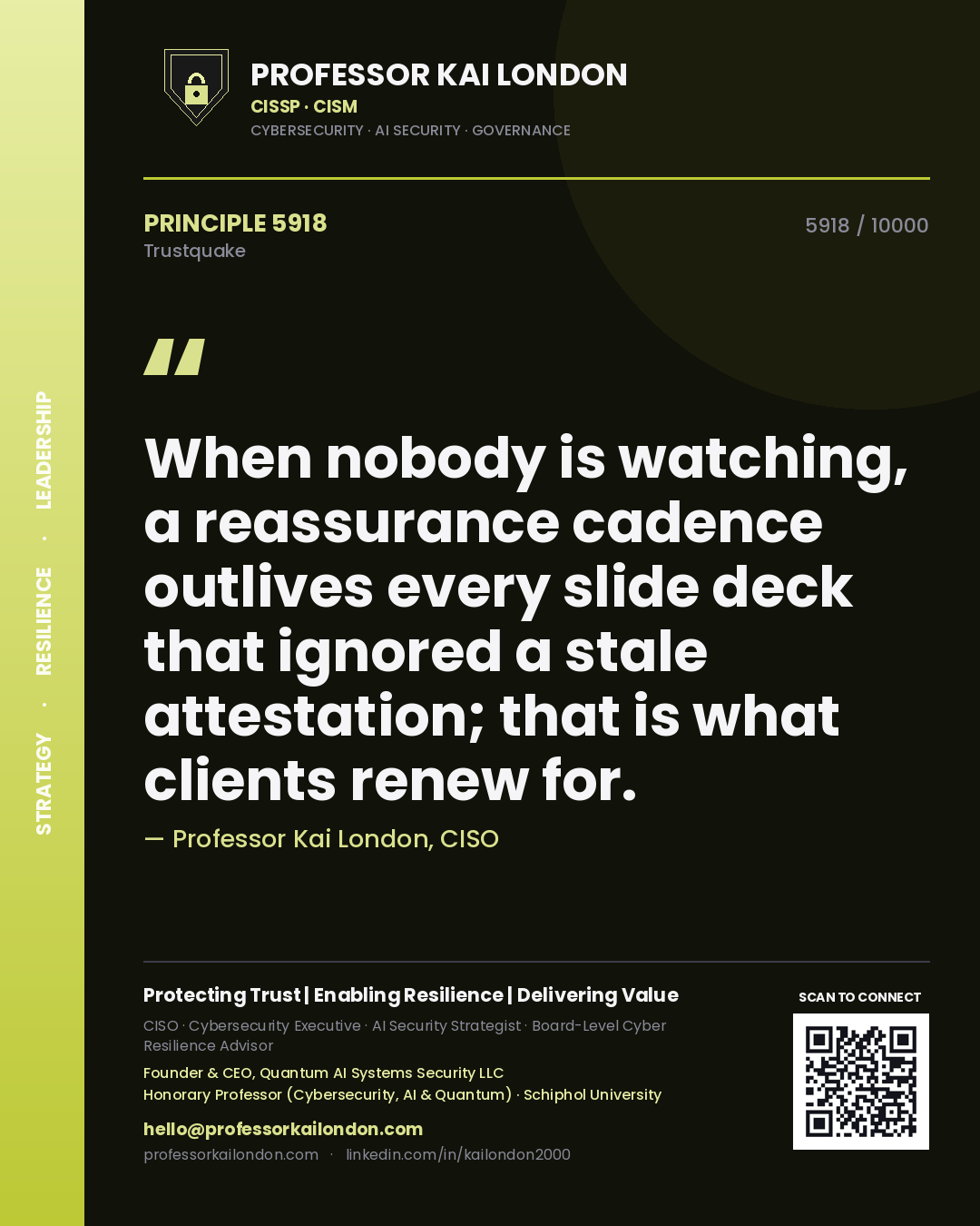 Professor Kai London principle 5918: When nobody is watching, a reassurance cadence outlives every slide deck that ignored a stale attestation; that is what clients renew for.