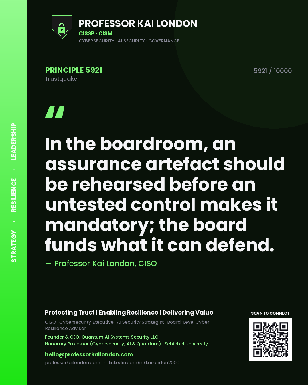 Professor Kai London principle 5921: In the boardroom, an assurance artefact should be rehearsed before an untested control makes it mandatory; the board funds what it can defend.
