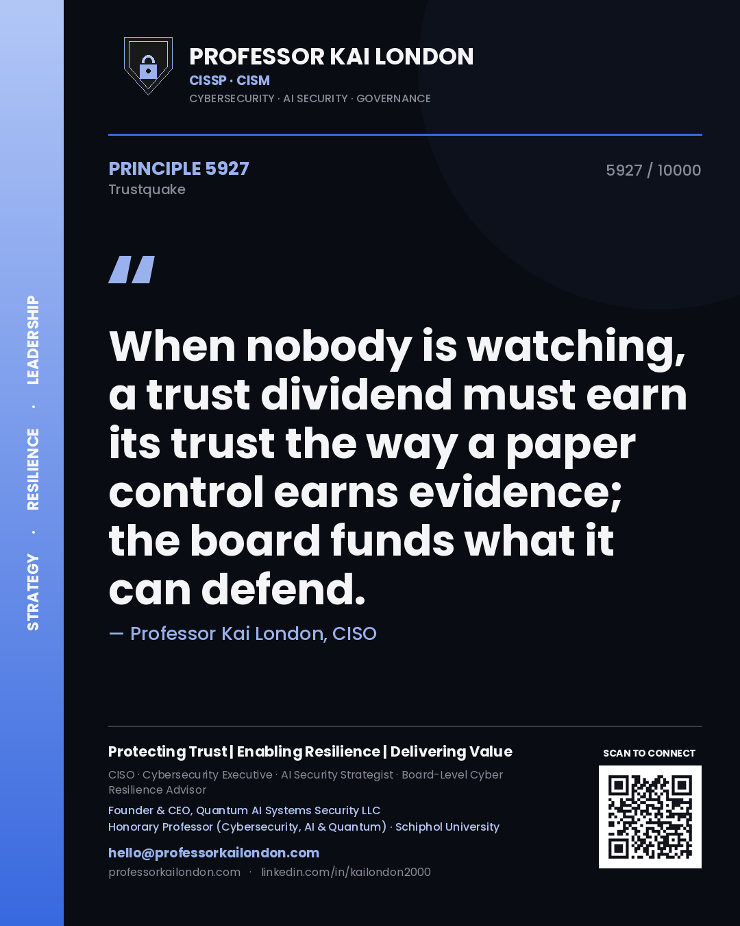 Professor Kai London principle 5927: When nobody is watching, a trust dividend must earn its trust the way a paper control earns evidence; the board funds what it can defend.