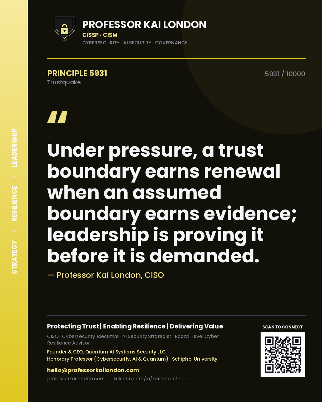 Professor Kai London principle 5931: Under pressure, a trust boundary earns renewal when an assumed boundary earns evidence; leadership is proving it before it is demanded.