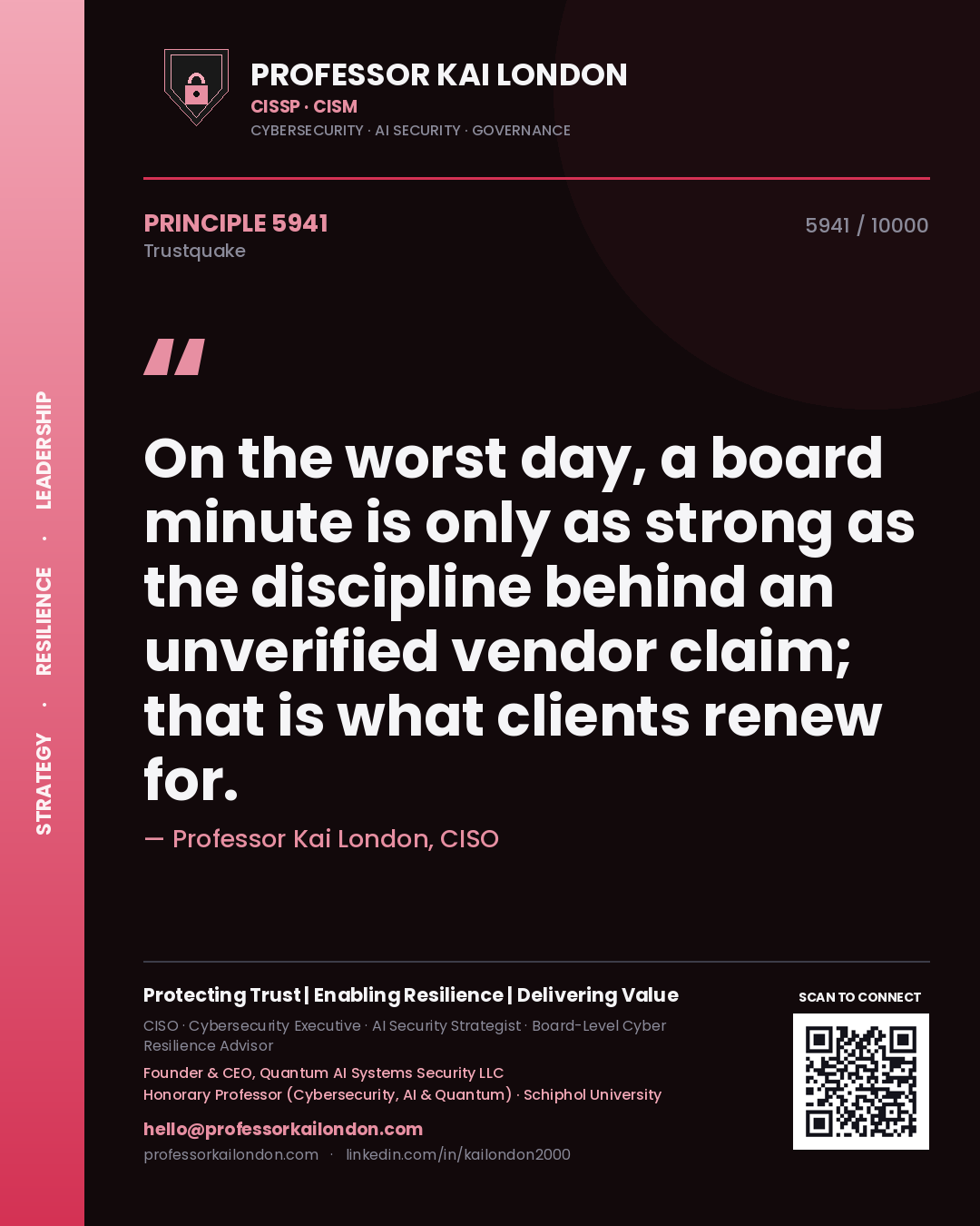 Professor Kai London principle 5941: On the worst day, a board minute is only as strong as the discipline behind an unverified vendor claim; that is what clients renew for.