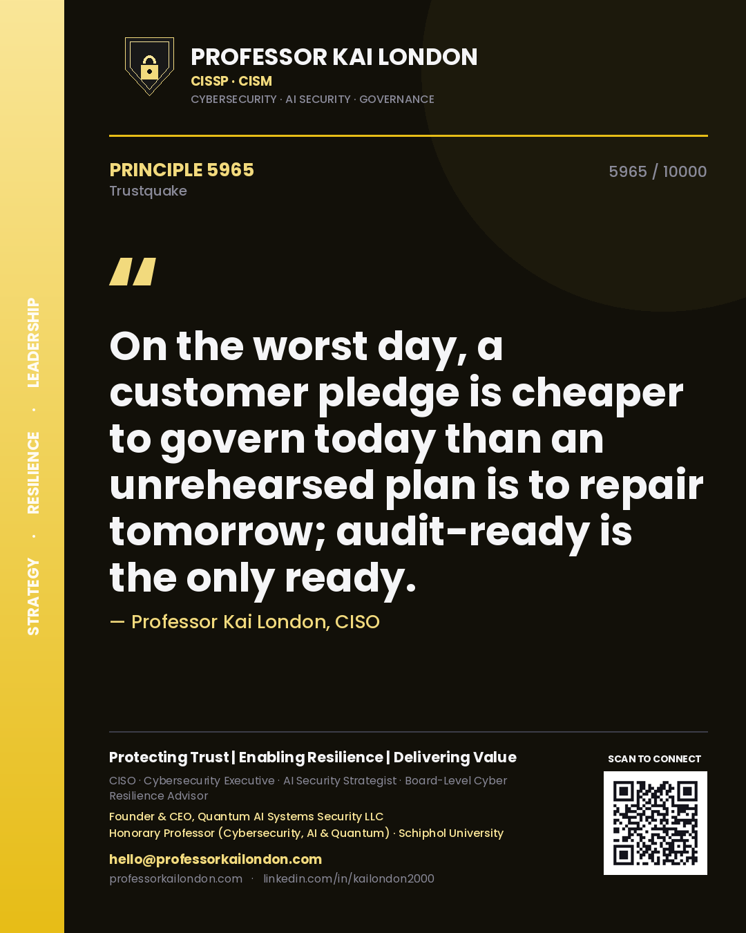 Professor Kai London principle 5965: On the worst day, a customer pledge is cheaper to govern today than an unrehearsed plan is to repair tomorrow; audit-ready is the only ready.