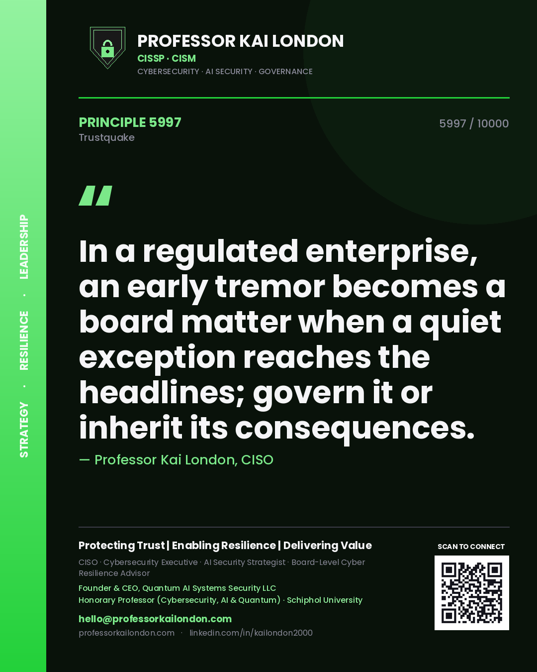 Professor Kai London principle 5997: In a regulated enterprise, an early tremor becomes a board matter when a quiet exception reaches the headlines; govern it or inherit its consequences.