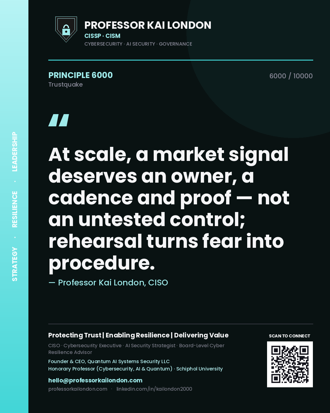 Professor Kai London principle 6000: At scale, a market signal deserves an owner, a cadence and proof — not an untested control; rehearsal turns fear into procedure.